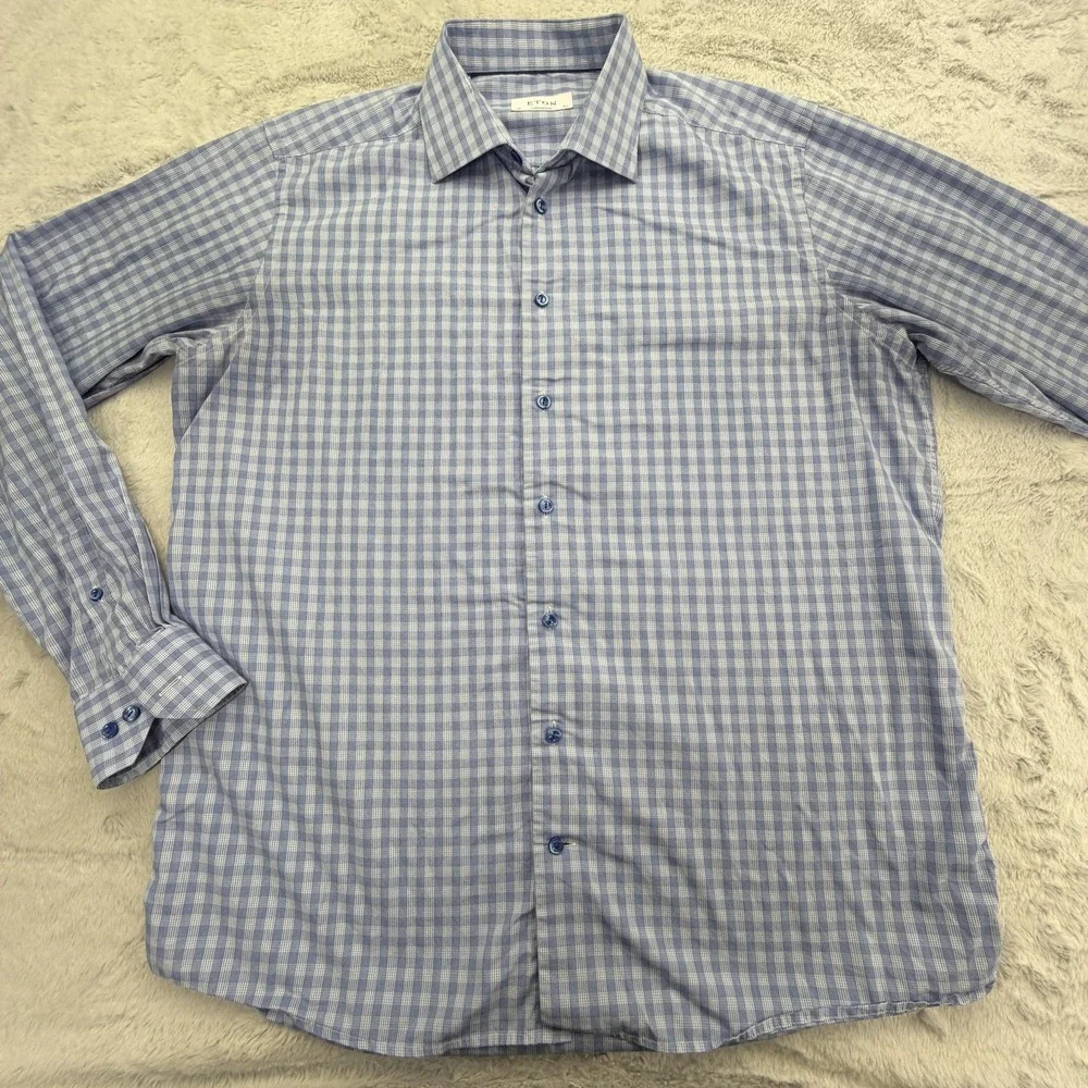 ETON Dress Shirt Mens 17.5 34/35 Blue Check Long Sleeve Button Up Cotton Romania